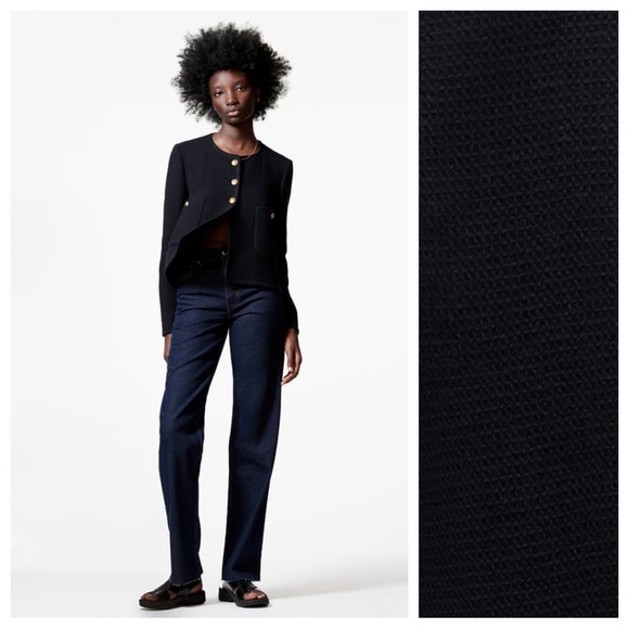 NWOT. Zara Navy Blue Textured Wool Blend Metal Buttons Jacket. Size M. - Picture 2 of 11